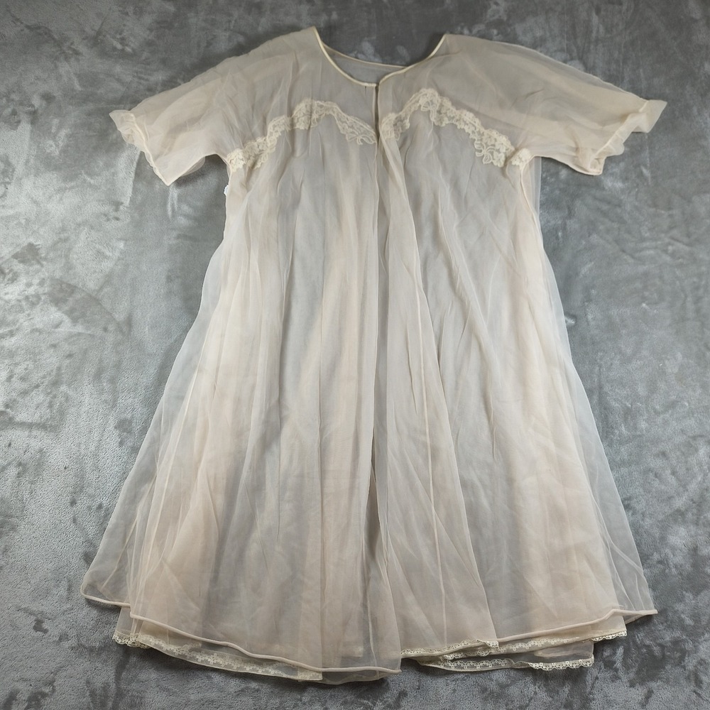 Vintage Vanity Fair Peignoir Robe Womens 34 Ivory Sheer Lace Nylon Pinup USA 60s